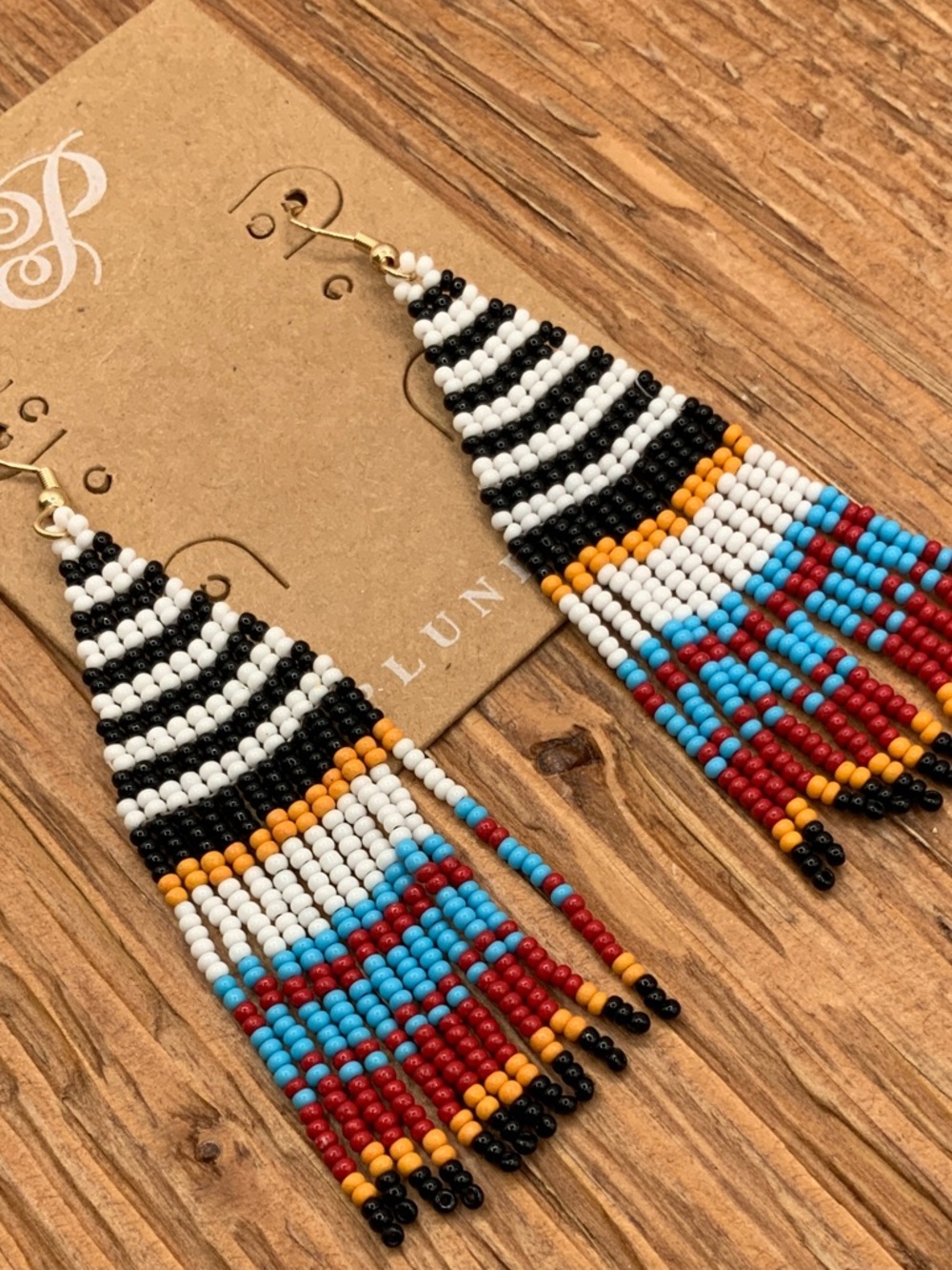 Plunder Design Gladys Beaded Black, White, Turquoise & Red Fringe Earrings
